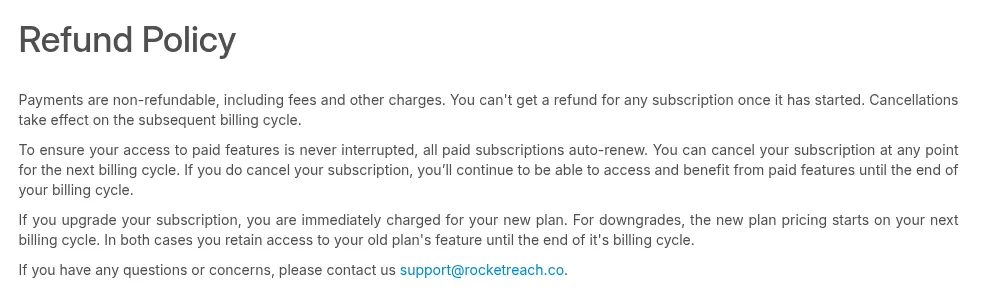 RocketReach's refund policy page: payments are non-refundable including fees and other charges, no refund for any subscription once it has started, cancellations take effect on the subsequent billing cycle, and all paid subscriptions auto-renew.
